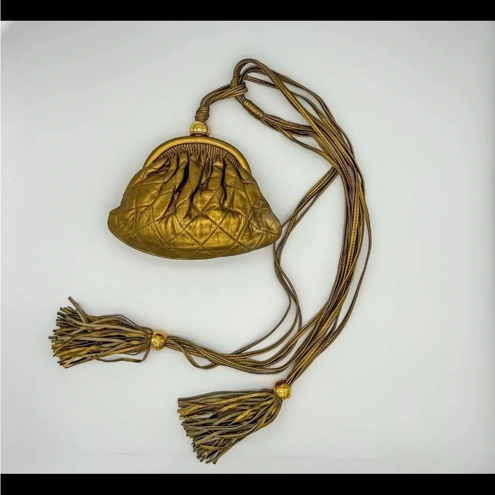 Chanel Quilted Vintage Rare Gold Bronze Waist Pouch bag Tie Fringe sling